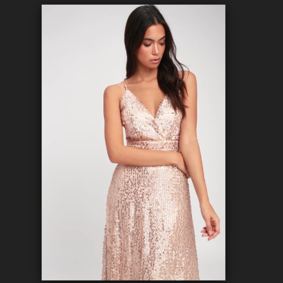 Formal Long Blush Sequin V-Neck Dress - Picture 2 of 7